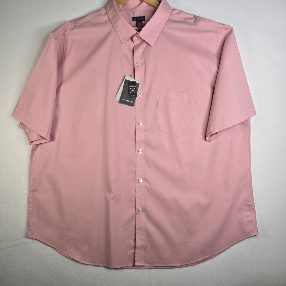 Van Heusen Big & Tall Pink Short Sleeve Stain Shield Button Down Shirt 2XLT